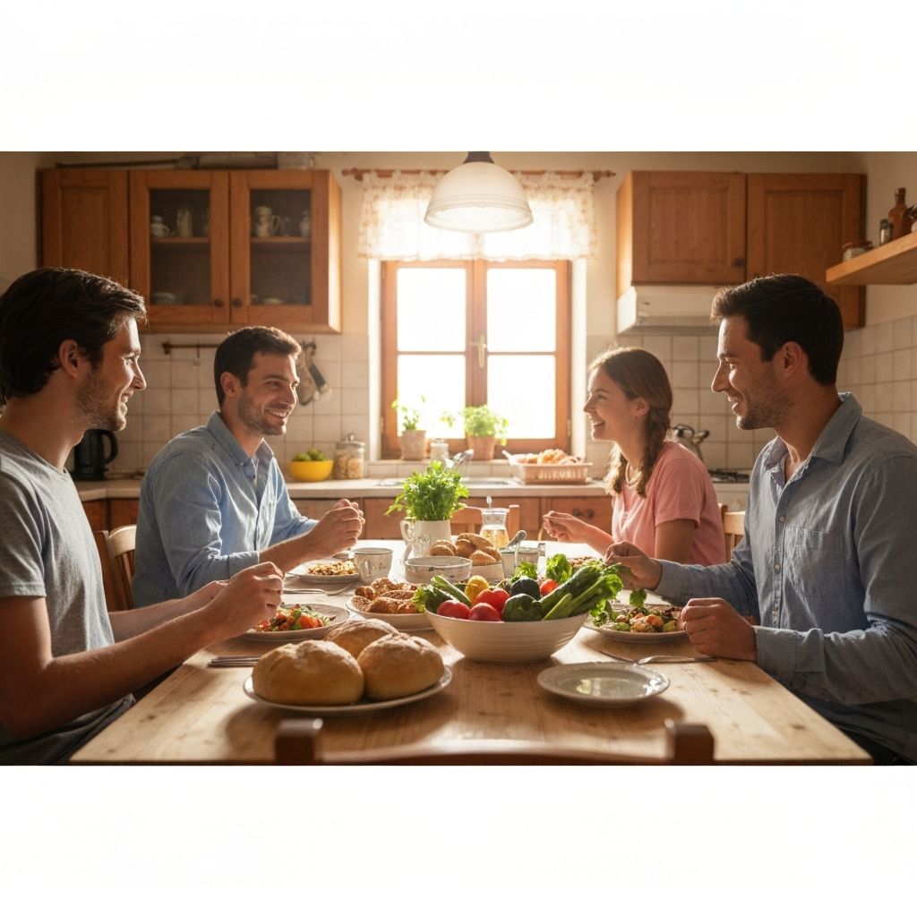 Obiteljski ručak na stolu s domaćim jelima i povrćem